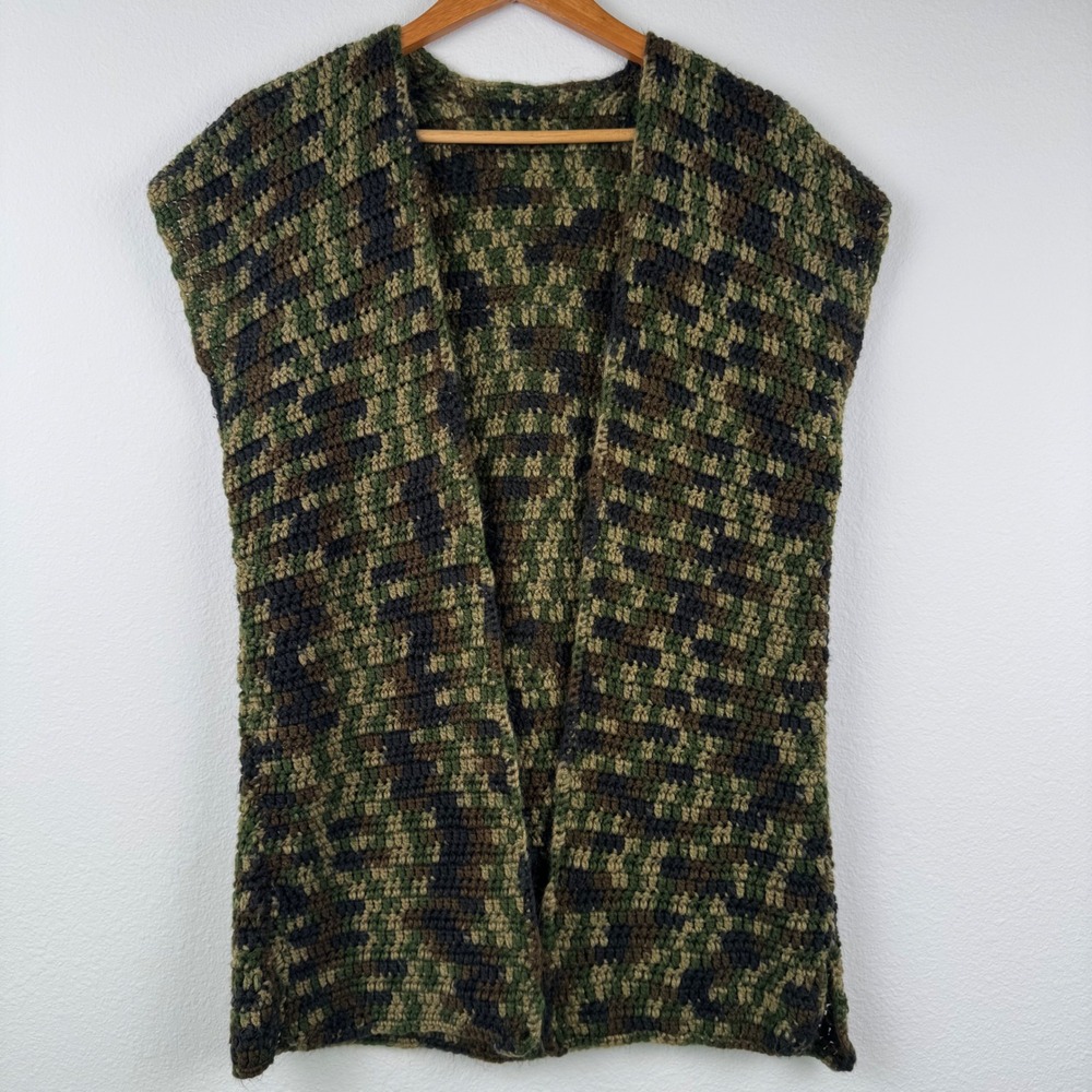 Handmade Crochet Vest Women XL Green Camo Excellent Outdoor Streetwear Boho